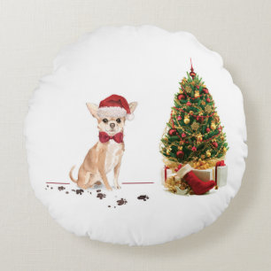 Chihuahua Funny Christmas Dog with Tree Round Pillow