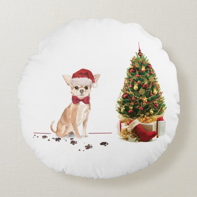 Chihuahua Funny Christmas Dog with Tree Round Pillow (Front)
