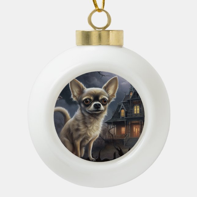 chihuahua Halloween Scary  Ceramic Ball Christmas Ornament (Front)