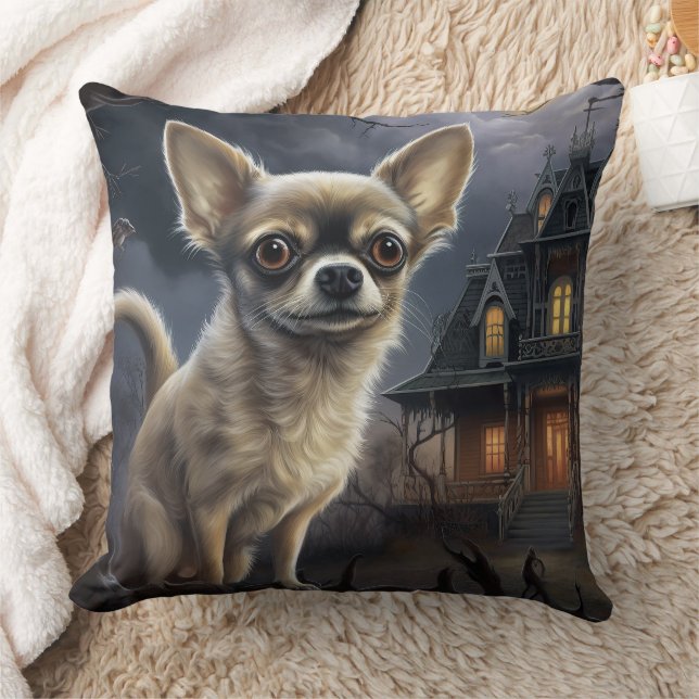 chihuahua Halloween Scary  Throw Pillow (Blanket)