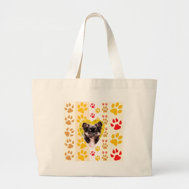 Chihuahua Heart Paw Prints Large Tote Bag (Front)