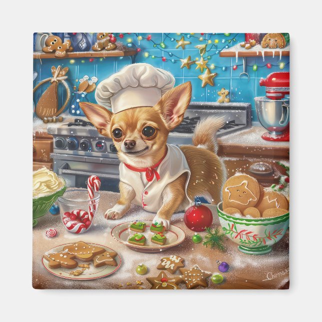 Chihuahua Holiday Baking: Festive Christmas Magnet (Front)