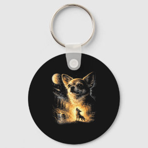 Chihuahua howling to the moon 90s retro dog meme keychain