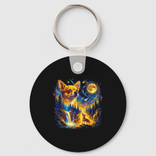 Chihuahua howling to the moon vintage dog art keychain