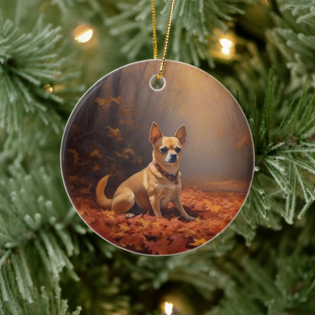 Chihuahua in Autumn Leaves Fall Inspire  Ceramic Ornament (Tree)