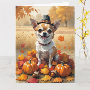 Chihuahua In Autumn Leaves Thanksgiving Art Card