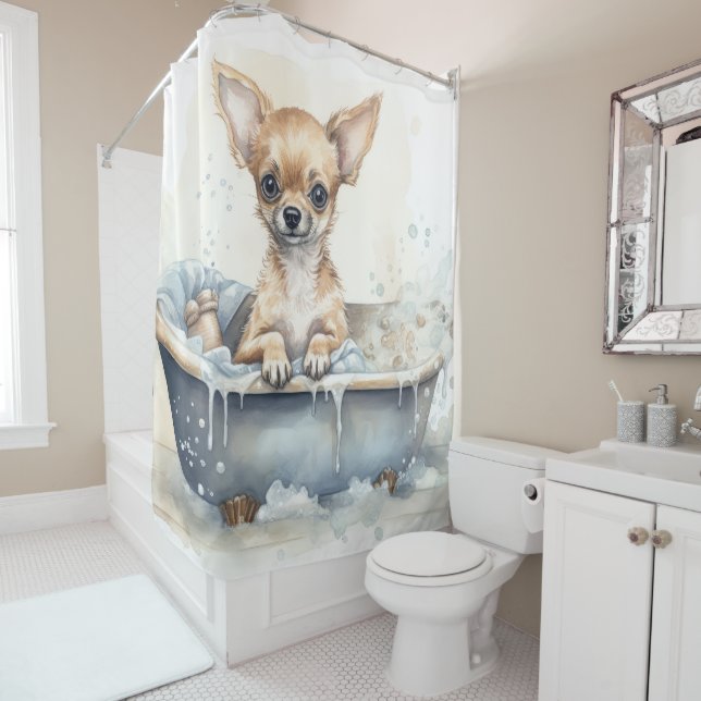 Chihuahua In Bathtub Watercolor Dog Art (In Situ)