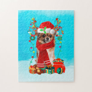 Chihuahua in snow with Christmas gifts Jigsaw Puzzle