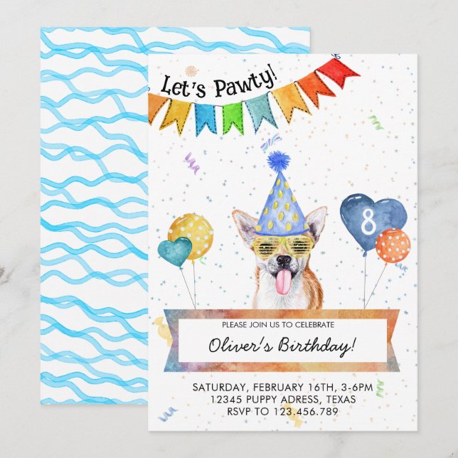 Chihuahua Lets Pawty Dog Birthday Party Invitation (Front/Back)