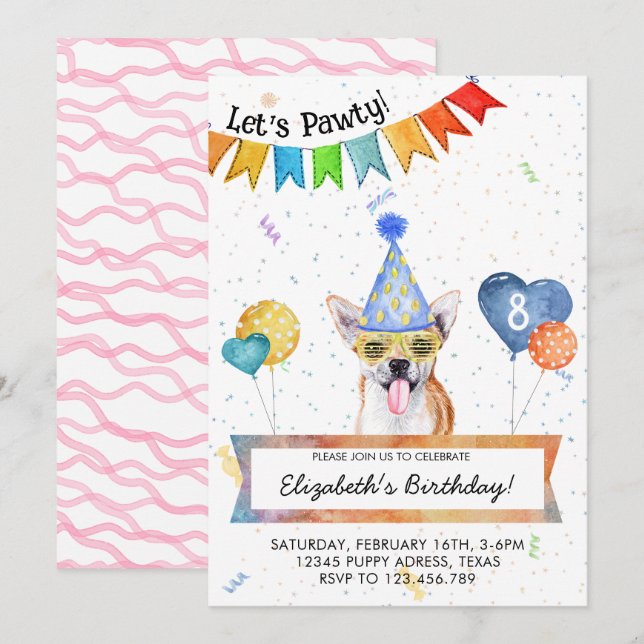 Chihuahua Lets Pawty Dog Birthday Party Invitation (Front/Back)
