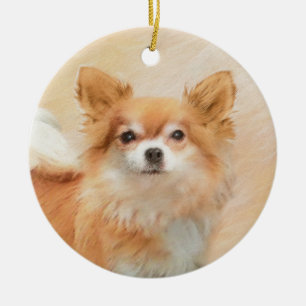 Chihuahua Long-Haired Dog Painting Original Art Ceramic Ornament