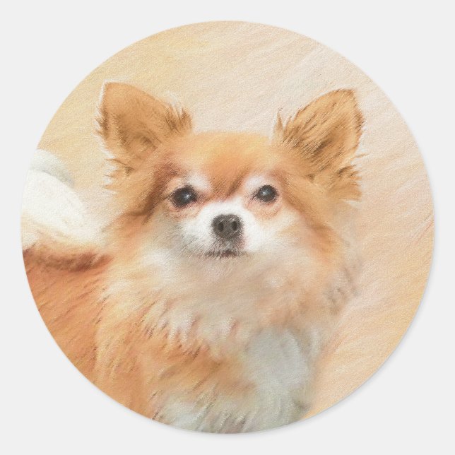 Chihuahua Long-Haired Dog Painting Original Art Classic Round Sticker (Front)