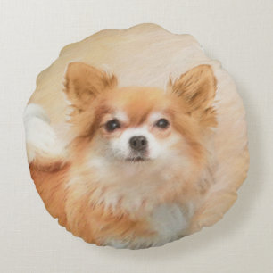 Chihuahua Long-Haired Dog Painting Original Art Round Pillow