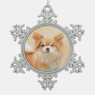 Chihuahua Long-Haired Dog Painting Original Art Snowflake Pewter Christmas Ornament