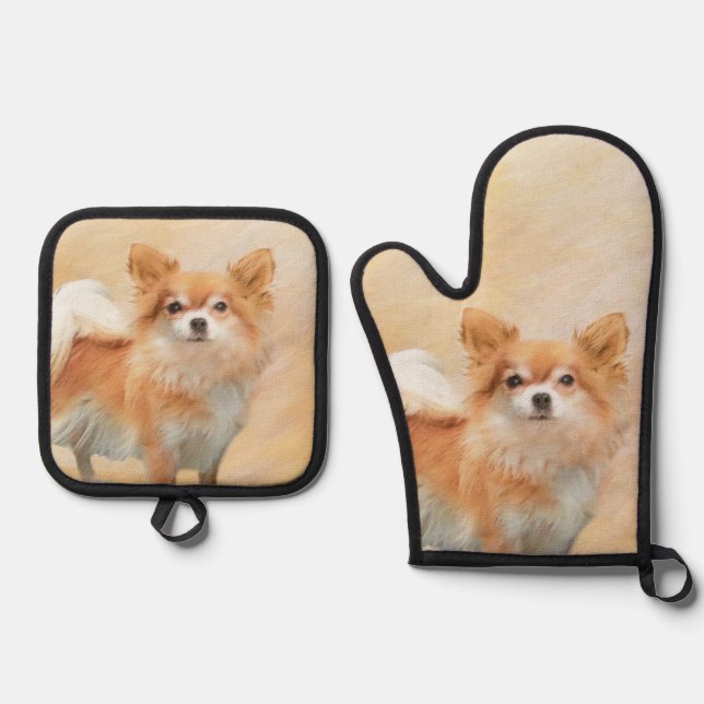 Chihuahua Long-Haired Painting Original Dog Art Oven Mitt & Pot Holder Set (Front)