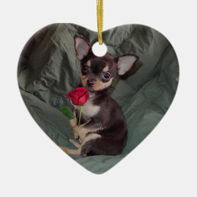Chihuahua MerryRose Holding A Rose Ornament (Front)