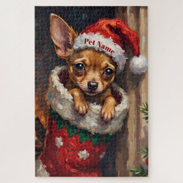 Chihuahua Nestled in Christmas Stocking Hat Jigsaw Puzzle (Vertical)