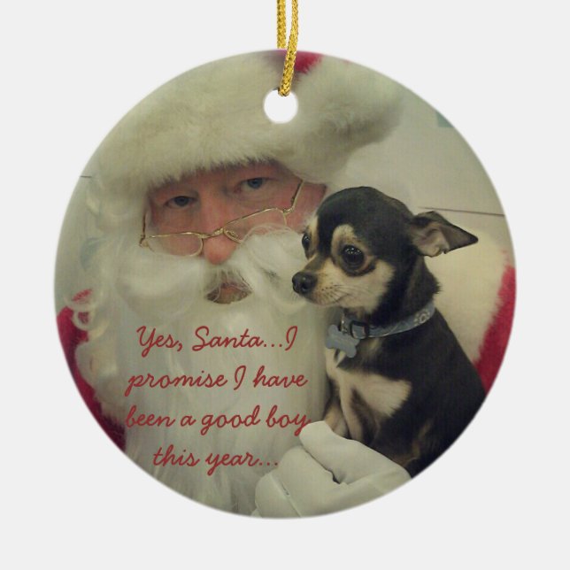 Chihuahua on Santa's Lap Ceramic Ornament (Front)