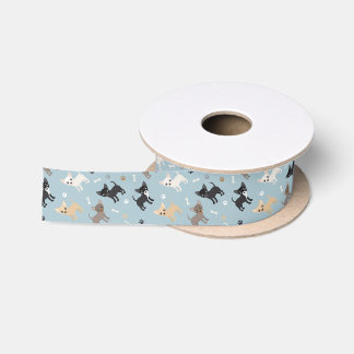 Chihuahua Paws and Bones Pattern Blue Satin Ribbon