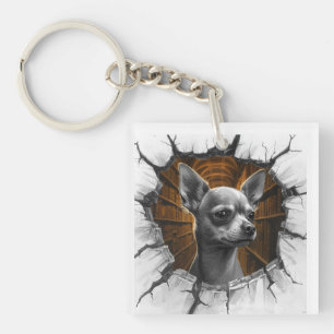 Chihuahua Peers Through A Grey Wooden Wall Keychain