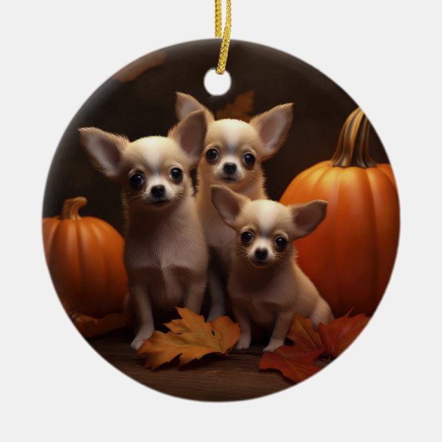 Chihuahua Puppy Autumn Delight Pumpkin  Ceramic Ornament (Front)