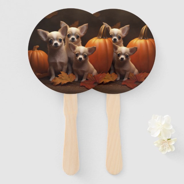 Chihuahua Puppy Autumn Delight Pumpkin  Hand Fan (Front and Back)