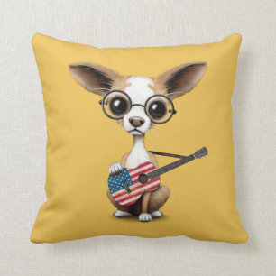 Chihuahua Puppy Dog Playing American Flag Guitar Throw Pillow