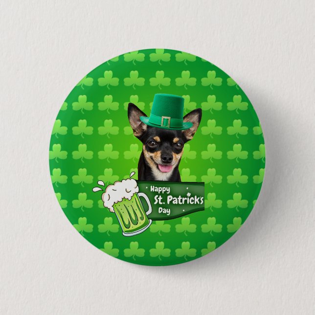 Chihuahua Puppy Dog St. Patrick's Day Green Clover 2 Inch Round Button (Front)