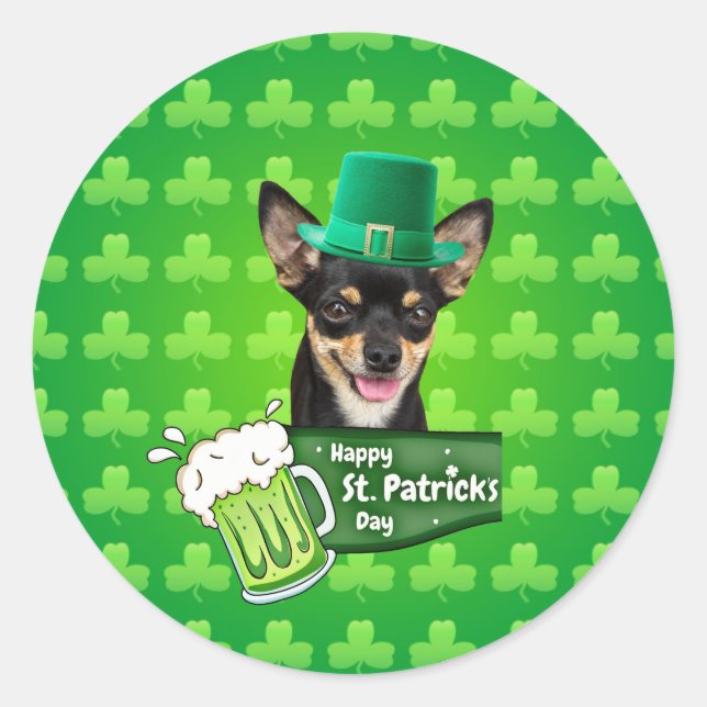 Chihuahua Puppy Dog St. Patrick's Day Green Clover Classic Round Sticker (Front)