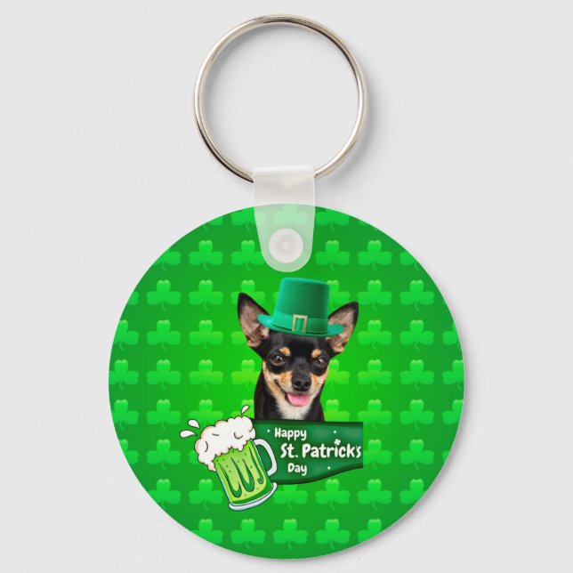 Chihuahua Puppy Dog St. Patrick's Day Green Clover Keychain (Front)