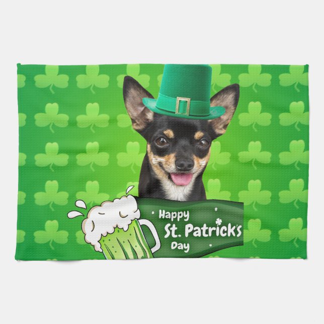 Chihuahua Puppy Dog St. Patrick's Day Green Clover Kitchen Towel (Horizontal)
