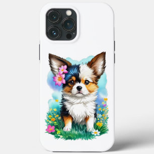 Chihuahua Puppy Dog with Flowers iPhone 13 Pro Max Case