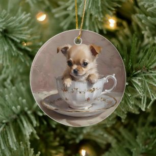 Chihuahua Puppy In A Teacup Oil Paint, Ceramic Ornament
