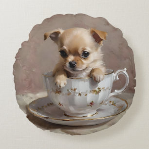 Chihuahua Puppy In A Teacup Oil Paint, Round Pillow
