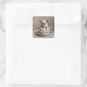 Chihuahua Puppy In A Teacup Oil Paint, Square Sticker