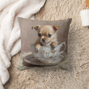 Chihuahua Puppy In A Teacup Oil Paint, Throw Pillow