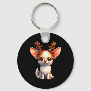 Chihuahua Reindeer Santa Hat Xmas Lights Christmas Keychain