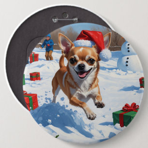 Chihuahua Running in Snow with Christmas Hat 6 Inch Round Button
