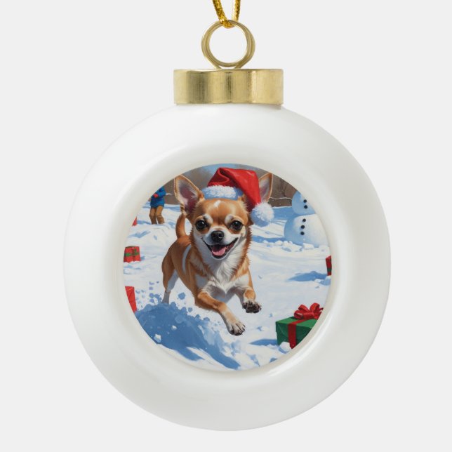 Chihuahua Running in Snow with Christmas Hat Ceramic Ball Christmas Ornament (Front)