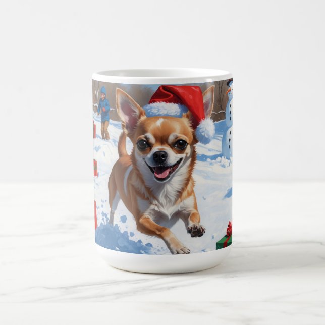 Chihuahua Running in Snow with Christmas Hat Coffee Mug (Center)