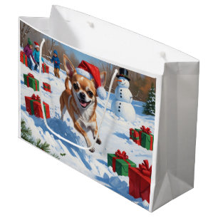 Chihuahua Running in Snow with Christmas Hat Large Gift Bag