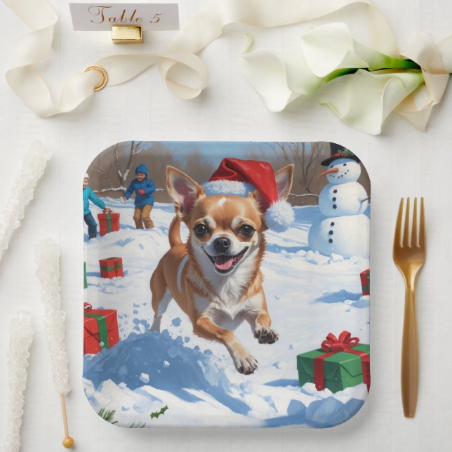 Chihuahua Running in Snow with Christmas Hat Paper Plate (Wedding)