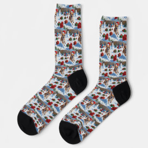 Chihuahua Running in Snow with Christmas Hat Socks