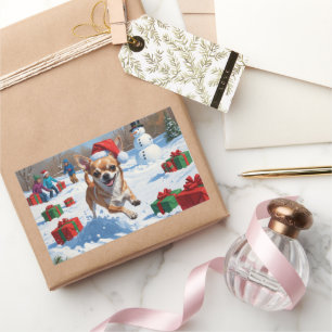 Chihuahua Running in Snow with Christmas Hat Sticker