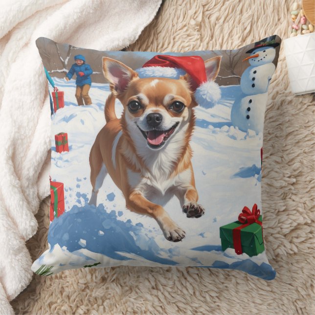 Chihuahua Running in Snow with Christmas Hat Throw Pillow (Blanket)