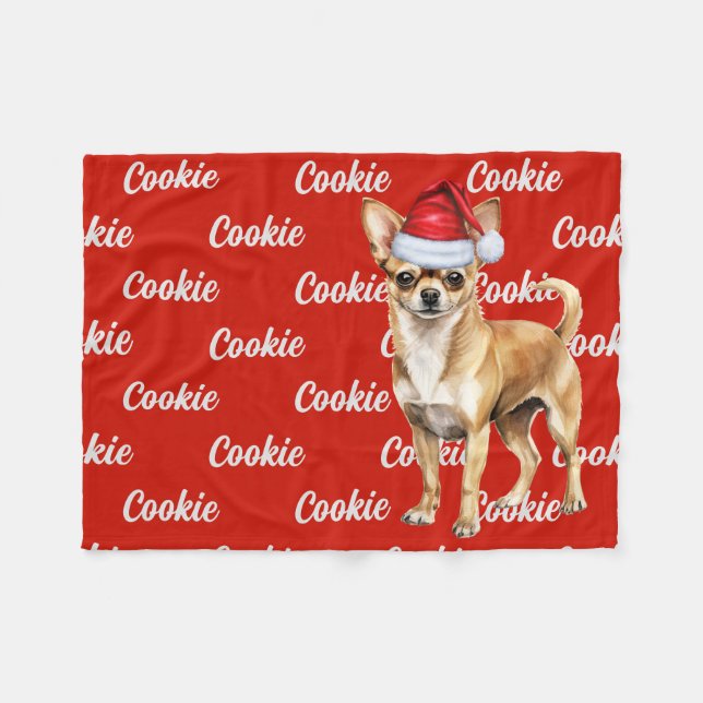 Chihuahua Santa Dog with Custom Name Christmas Fleece Blanket (Front (Horizontal))