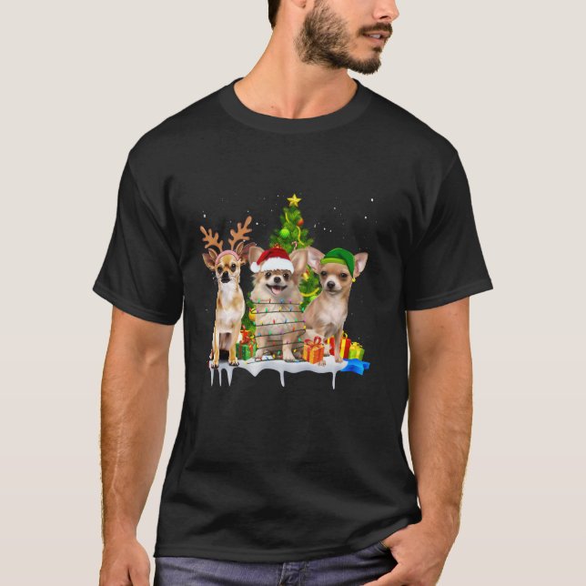 Chihuahua Santa Elf Reindeer Christmas Tree Lights T-Shirt (Front)