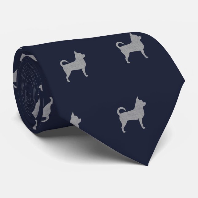 Chihuahua Silhouettes Pattern Navy Blue and Grey Tie (Rolled)