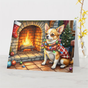 Chihuahua Sitting Fireplace with Christmas Lights Card