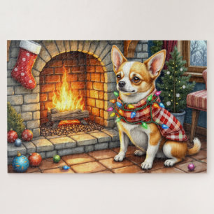 Chihuahua Sitting Fireplace with Christmas Lights Jigsaw Puzzle